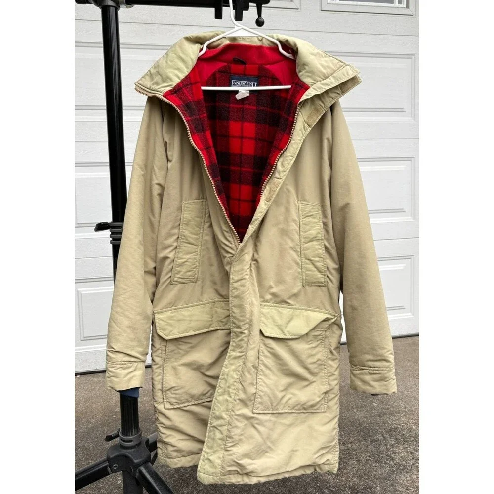 Vintage Lands End Parka Mens M Made USA Wool Plaid Lined Hooded Tan Coat